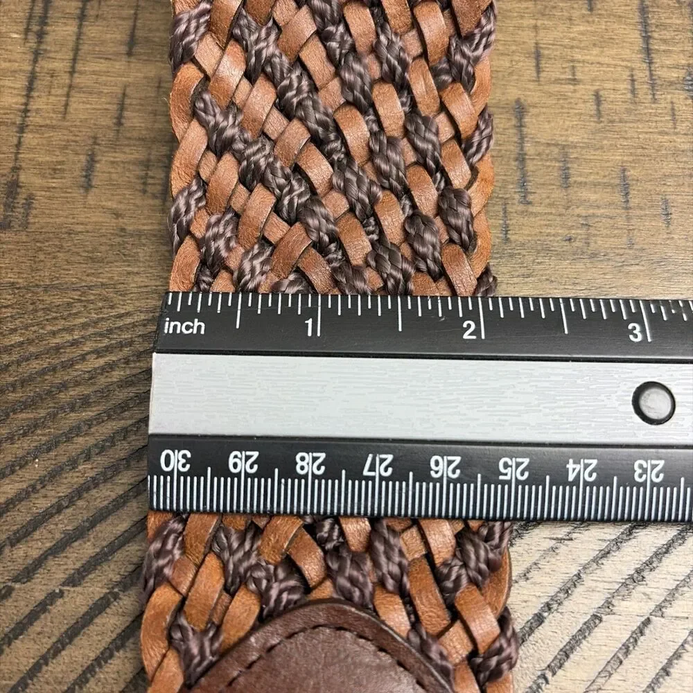 Vintage Woven Leather Cotton Belt Wide Brown Boho Western Women Size S